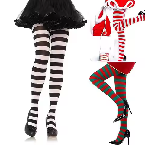 Women Over Knee Long Stripe Printed Pantyhose Thigh High Stocking Long Hosiery Elastic Polyester Soc