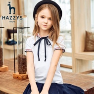 HAZZYS品牌哈吉斯童装女童polo衫夏季新品中大童花边翻领短袖T恤 本白 120cm