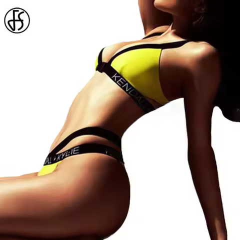 FS High Waist Yellow KENDALL KYLIE Letter Swimsuit Bikinis Set Bandage Women Swimwear Brazilian Biqu