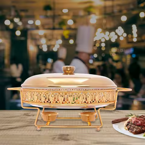 Gold Oval Table Standing Chafing Dish Set, 2L/2.11qt Stainless Steel & Glass Buffet Food Warmer for 