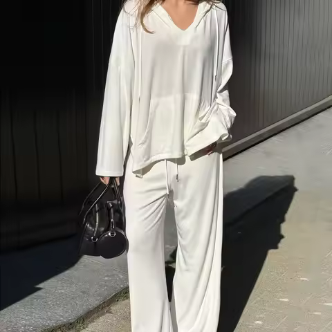 Lamuusaa 2000s Clothes Set Women Fashion Solid Color Long Sleeve Loose Hoodie and Drawstring Pants w