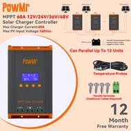 PowMr 2024 New 100% Mppt 60A Solar Charge Controller 12v-48v Auto 160vdc lcd fan Support Parallel Up