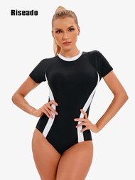 【Shop the Latest Trends】 Sport One Piece Swimsuit Short Sleeve Rashguard Swimwear Women Surfing Bathing Suits Women 2023 Beachwear