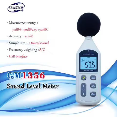 BENETECH Digital Sound Level Meter USB Noise Tester meter GM1356 30-130dB A/C FAST/SLOW dB+ Software
