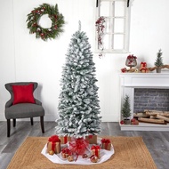 Christmas Slim Tree 5/6/7/8FT Pointed Snow/Green Artificial Xmas Tree Flocking Hooked Christmas Tree