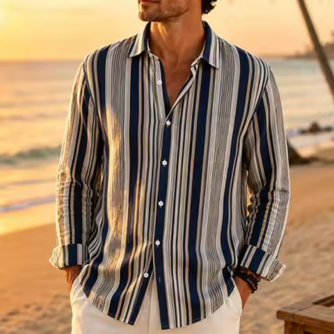 Men's Long Sleeved Shirt Mixed Color Vertical Stripe Men's Long Sleeved Shirt Business Casual lightw