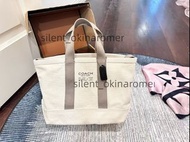 Coach 帆布托特包米白色原色帆布 + 棕色皮質提手