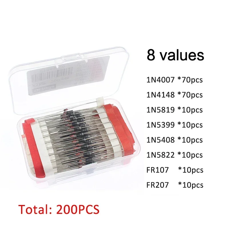 100/200pcs Switching Diode Fast Switching Schottky Diode Kit 1N4007 1N4148 1N5408 1N5819 1N5822 1N40