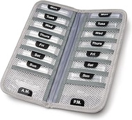 AM/PM Bi-Folding Pill Organizer + Supplement Case for OTC Medicine, Prescription + Vitamins - 14 Lab