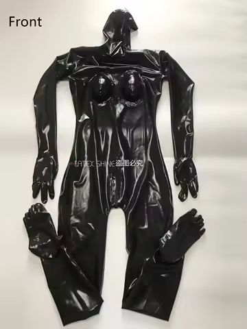 Face Entry Latex Full Body Catsuit Gloves Toes Socks Pocket for Silicone Breast