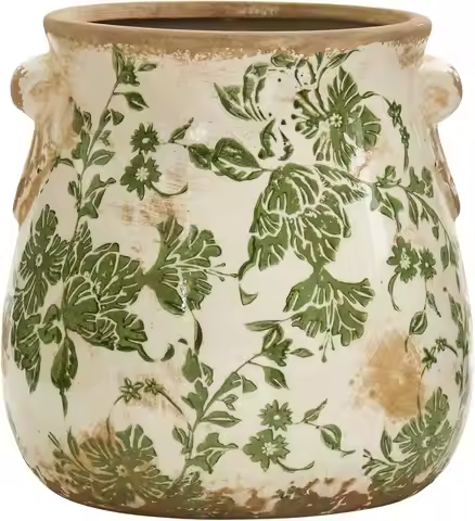 Tuscan Style Ceramic Vase, Green Floral Scroll Design for Home Shelf Table Decor, 6.5 Inch