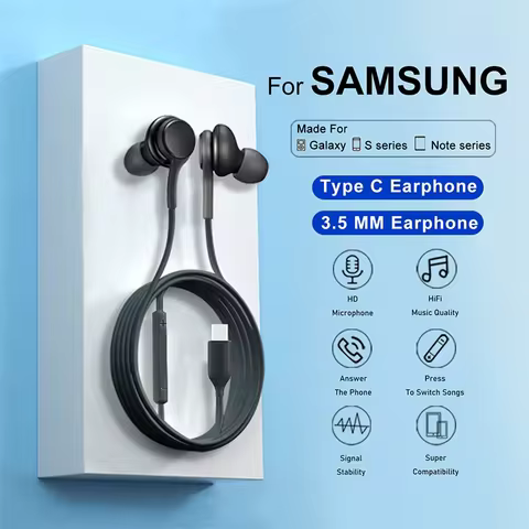Original Type C Wired Headphone For In-ear Earbuds Samsung S25 S24 S23 S22 S21 S20 3.5mm Jack Note10