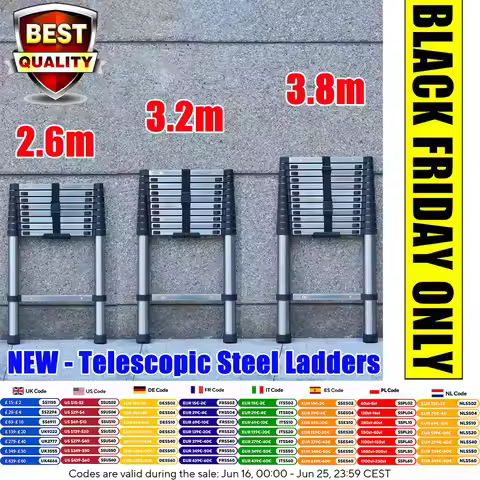 Ladders Extendable Telescopic 2.6M-5M Heavy Duty Multi Purpose Straight Loft Ladder Portable Folding
