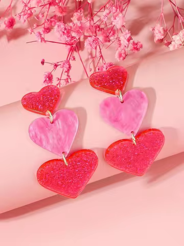1pair Women's Valentine's Day Dreamy Glitter Pink Acrylic Earrings With Three Layer Heart Design, Ro