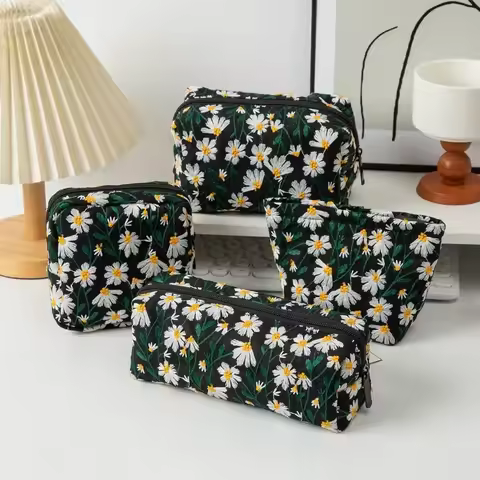Embroidered Daisy Flower Floral Cosmetic Bag Portable Travel Carry on Makeup Bag Skin Care Toilet Ba