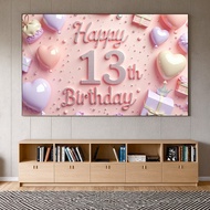 Lightweight 13th Birthday Party Banner Pink Theme Party Decoration Polyester Material Glitter Design