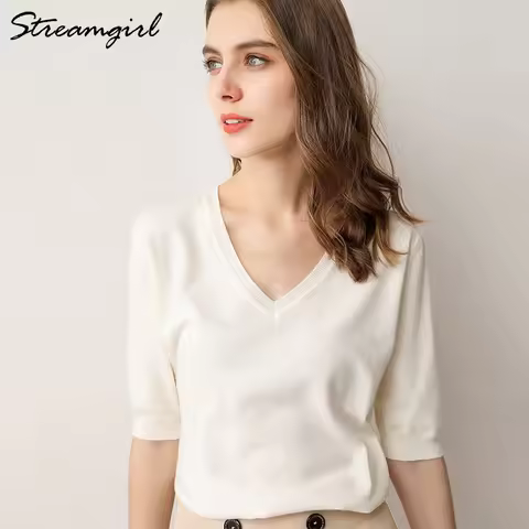 Women's Summer Blouse 2022 Tops Women Knitted Blouses Short Sleeve Ladies Tops V Neck Women White Bl