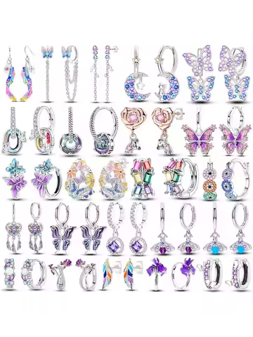 925 Sterling Silver Purple Series Feather Butterfly Dream Catcher Firefly Zircon Earrings for Women 