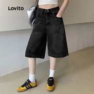 (Trendy) Lovito Casual Plain Pocket Button Denim Short for Women L132ED359