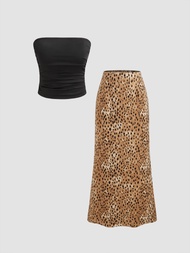 Cider Woven Ruched Crop Tube Top &amp; Leopard Maxi Skirt