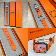 Hermes apple watch S9，愛馬仕蘋果智能手錶S9，41mm sliver +Kilim橙色橡膠蝴蝶扣錶帶，現貨全新未拆盒，專門店2年保養