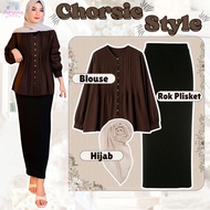 One Set Casual Hanging Out (Ruffled Blouse, Pleated Skirt, Bella Square, Bag) Trendy Women's Suit AS