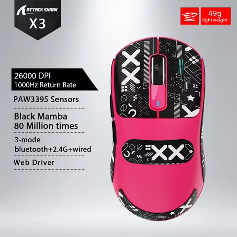 ATTACK SHARK X3 Wireless Gaming Mouse Red 49g Ultra Lightweight 26K DPI PAW3395 200h Battery Tri-Mod