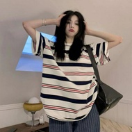 Ready Stock Women Round Neck Shirts American Striped Short Sleeved T-shirt Plus Size Causal Top for 