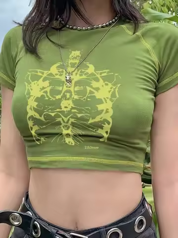 Y2K black sweet girl slim skull print fun vintage graphic clothes crop top E-girl
