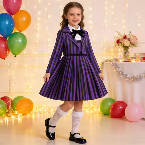Girls Purple Striped Bow Tie Academy Uniform School Dress For Kids Halloween Enid Cosplay Costume Ca