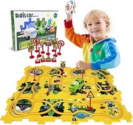 Eydutoi 26PCS Puzzle Racer Kids Car Track Set, Race Tracks for Kids Ages 3-5 with Vehicles, DIY Dinosaur Train Rail Car Jigsaw Puzzles Learning Toys for Toddlers,Montessori Toys Gifts for 3+ Year Old