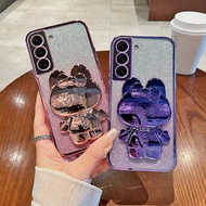 Phone Back Case For Samsung Galaxy S22 5G Glitter Makeup Mirror Rabbit Folding Stand Soft Silicone S