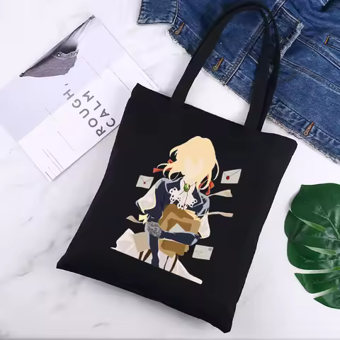 Violet Evergarden Shopping Black Bags Canvas Tote Bag Mom Reusable Cloth Harajuku Bag Handbag Should