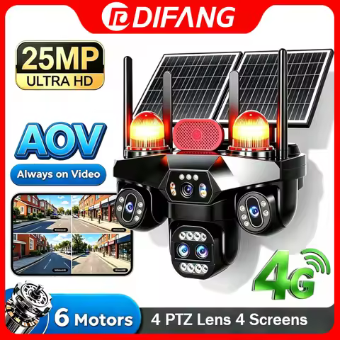 New 25MP 10X Zoom AOV Solar Cctv Camera 4G 5 Lens 4 Screen Security Camera Wireless PTZ 24/7 Record 