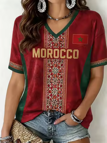 Women's Morocco Football V-Neck T-Shirts Football Cultural T-shirt