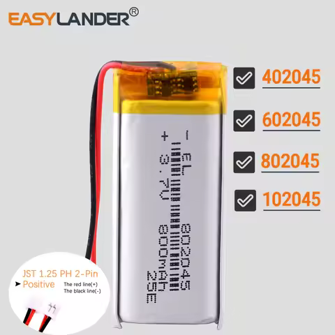 JST1.25mm 2Pin 3.7V 402045 602045 600mAh 802045 1000mAh 102045 Rechargeable Li-Polymer Li-ion Batter