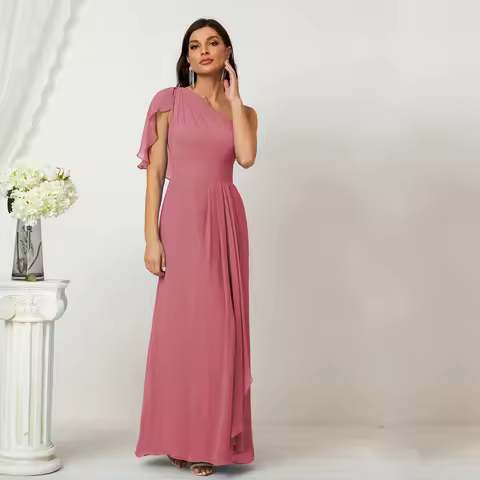 Sharon Said One Shoulder Chiffon Bridesmaid Dress Ruffle Sleeve Ruched Waist Flowy Women's Wedding P