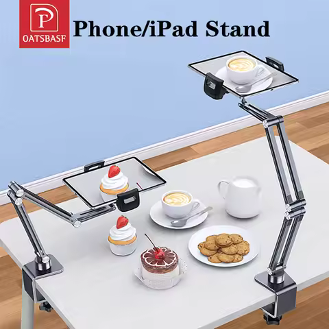 Oatsbasf Aluminum Desktop Tablet Stand Clamp Long Arm Bed Lazy Bracket Multi-angle Live Desk Mount F