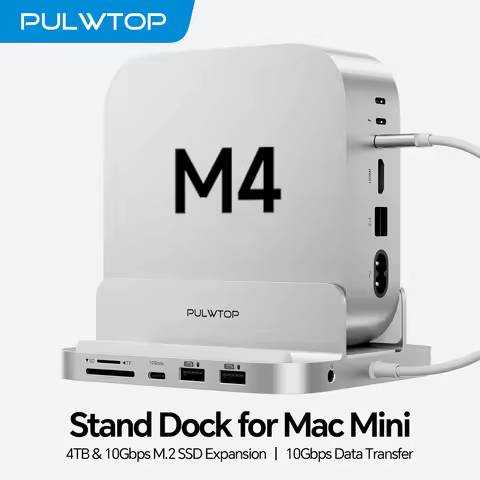 PULWTOP Mac Mini M4 Dock Stand with M.2 SSD Enclosure, USB A/C 3.2 10 Gbps, USB A 2.0, SD/TF, Audio 