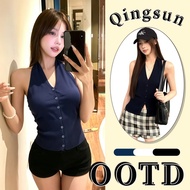 Qingsun Women's V-Neck Halter Neck Camisole Knitted Fabric Slim Waist Single Row Of Buttons Casual S