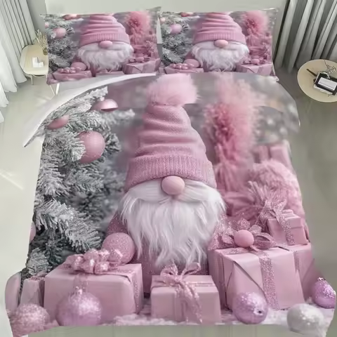 Latacaca 2/3pcs Christmas Gnome Duvet Cover Set Pink Themed Bed Cover Set Festive and Cozy Bedding S