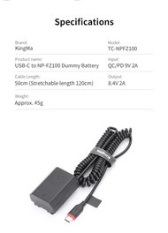 Kingma NP-FZ100 FZ100 dummy battery kit with AC power supply adapter SONY A9 A9 II A7III A7RIII A7SIII A7RIV A7C
