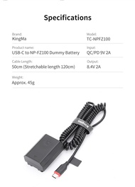Kingma NP-FZ100 FZ100 dummy battery kit with AC power supply adapter SONY A9 A9 II A7III A7RIII A7SI