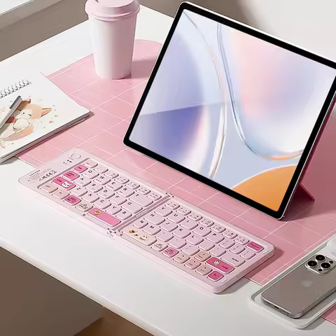 GEEZER Z1 Pink Foldable Bluetooth Wireless Keyboard, Multi-Device Switch Portable Slim Rechargeable 