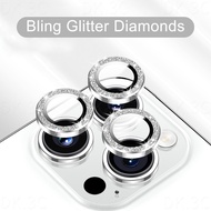 For iPhone 15 14 13 12 11 Pro Max / 15 14 Plus / 12 13 Mini Bling Glitter Diamonds Camera Lens Protector Metal Ring With Tempered Glass