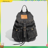 Urban Rong < Denim Distressed Backpack.denim Backpack.large Capacity Bag.drawstring Backpack
