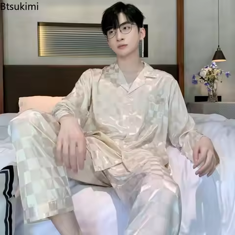 2026 New Sleepwear Men Pajamas Trousers Long Sleeve Short Sleeve Shorts Men Pijama Sleep Plaid Silk 