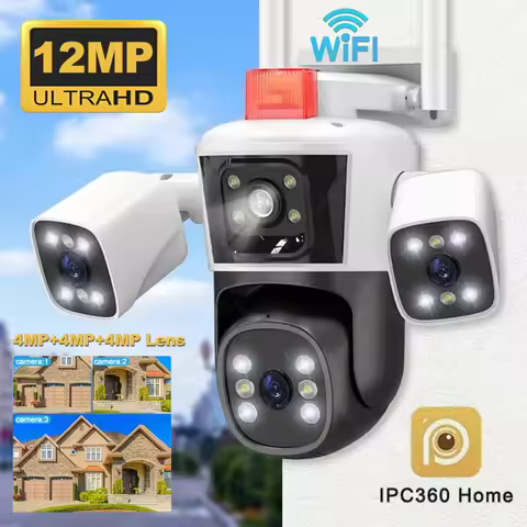12MP 6K WiFi Security Cameras Four Len Three Screens Outdoor PTZ Video Cam Auto Tracking 6K Waterpro