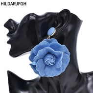HILDARJFGH Denim Blue Fabric Earrings, Denims Handmade Blue Rose Earrings, Ornament Exaggerate Denim