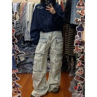 Large Size American High Street vibe Multi-Pocket Overall Jeans Women Retro Straight Loose Slimmer L